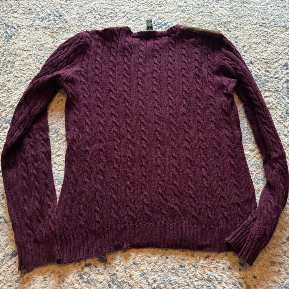 Ralph Lauren Cotton Cable Knit Crewneck Sweater with Suede/Leather Patch - Plum - Picture 5 of 6